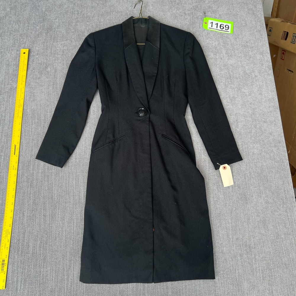 Vintage 80s Womens Long Blazer Jacket Black Slim Fit Shawl Collar Retro Gothic